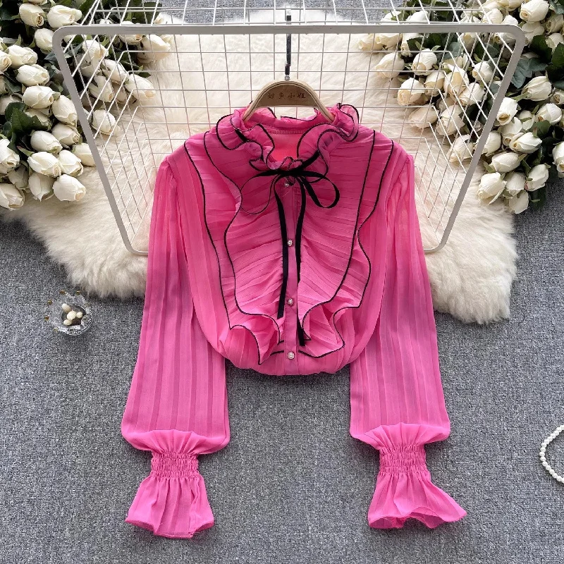 Chiffon shirt new women's long-sleeved tops pleated bell-sleeved shirt for women   S4635