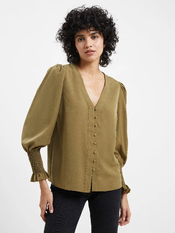 Crepe V-Neck Smocked Sleeve Blouse