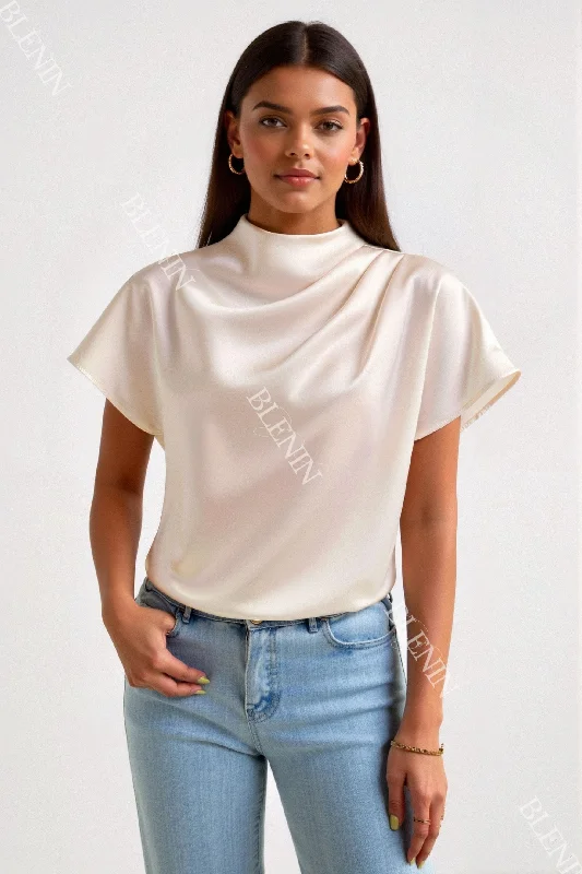 Old Money Plain Premium Solid Pleated Mock Neck Blouse