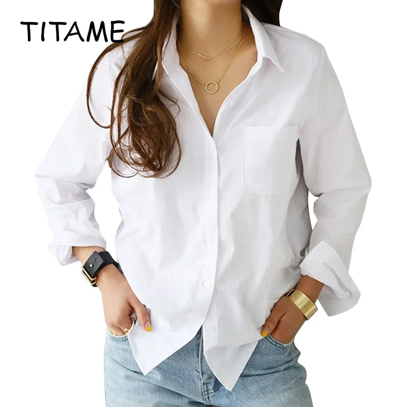 TITAME Shirts Blouses Women Fashion Casual Tops Female Turn-Down Collar White Loose Long Sleeve Blouse Ol Style Shirt Simple Top