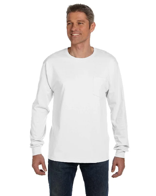 Hanes Tagless Long Sleeve Pocket T-Shirt | White