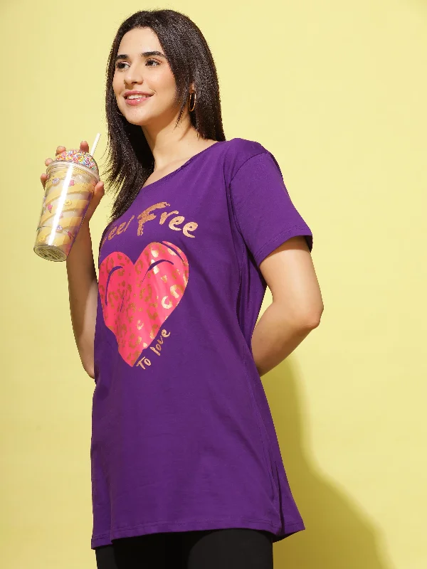 Purple Long T-Shirt for Women - Comfy Cotton Lounge & Nightwear