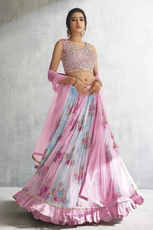 Baby Pink with Sky Blue Shades Floral Print, Pearl and Embroidery work Crop Top Lehenga