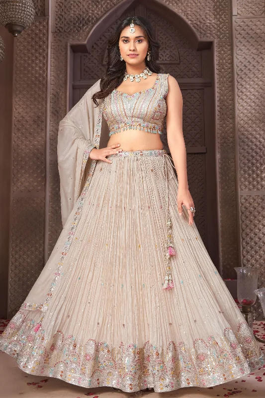 Beige Multicolor Thread, Sequins and Zari work Crop Top Lehenga