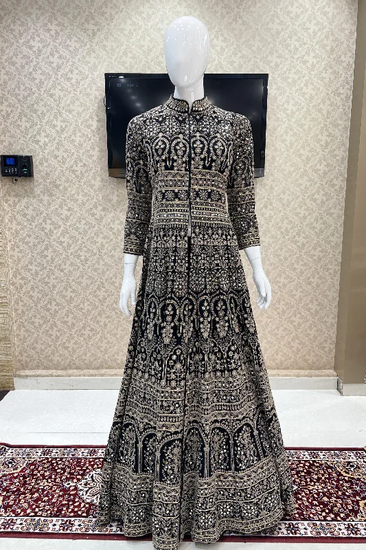 Black Chickankari, Mirror and Sequins work Mastani Styled Long Top Lehenga