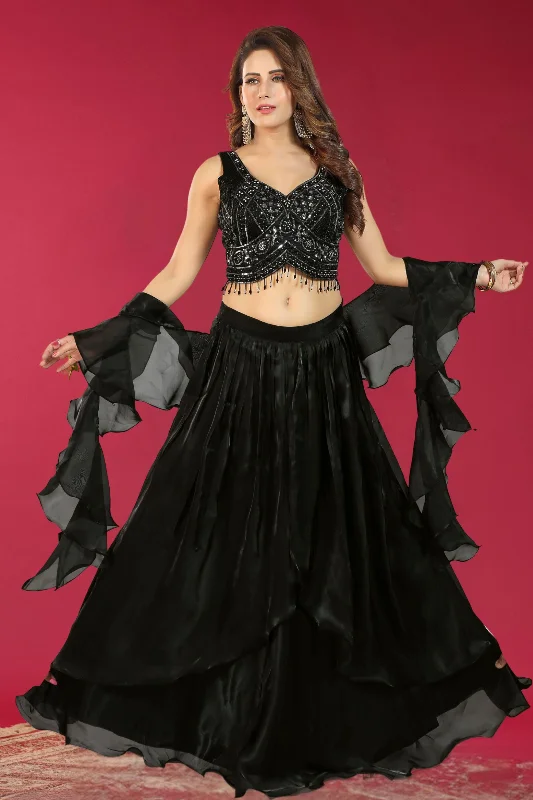 Black Sequins, Beads, Stone and Mirror work Crop Top Lehenga