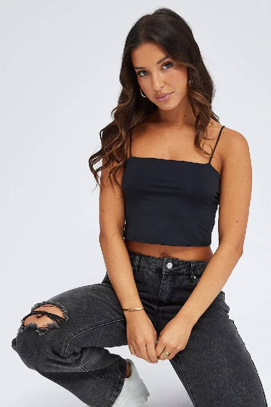 Black Singlet Crop Top Square Neck