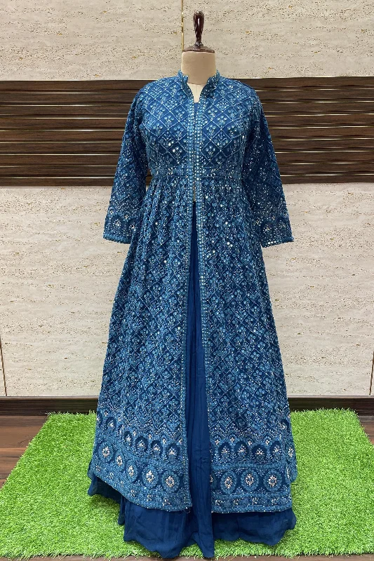 Blue Stone, Sequins and Zari Thread work Long Top Lehenga