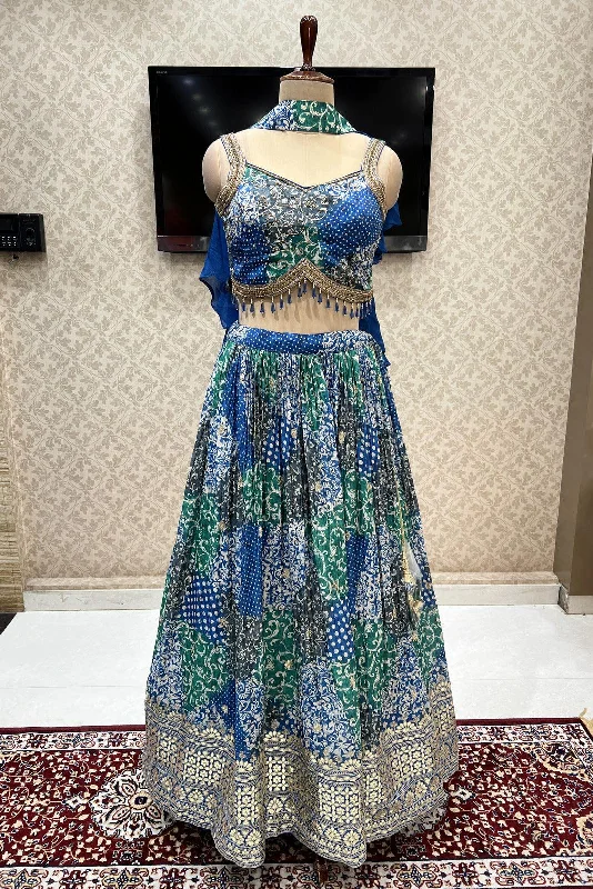 Blue with Green Digital Print and Gota Patti work Crop Top Lehenga