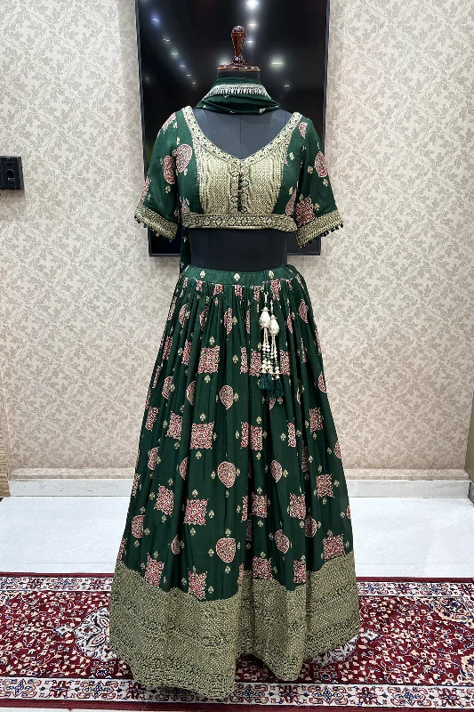 Bottle Green Banaras work with Digital Print Crop Top Lehenga