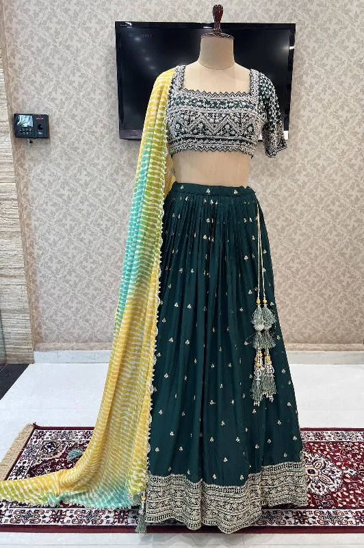 Bottle Green Pearl, Beads, Sequins, Zari and Zardozi work Crop Top Lehenga