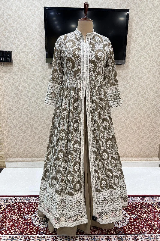 Brown Lucknowi Thread and Sequins work Mastani Styled Long Top Lehenga