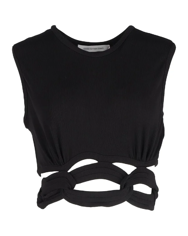 Christopher Esber Chain-Linked Rib Knit Crop Top in Black Polyester