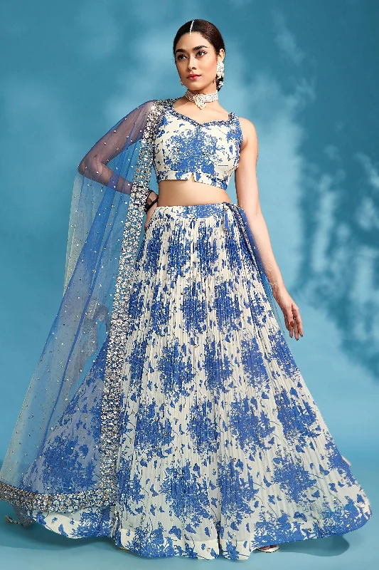 Cream with Blue Digital Print, Stone, Mirror and Sequins work Crop Top Lehenga