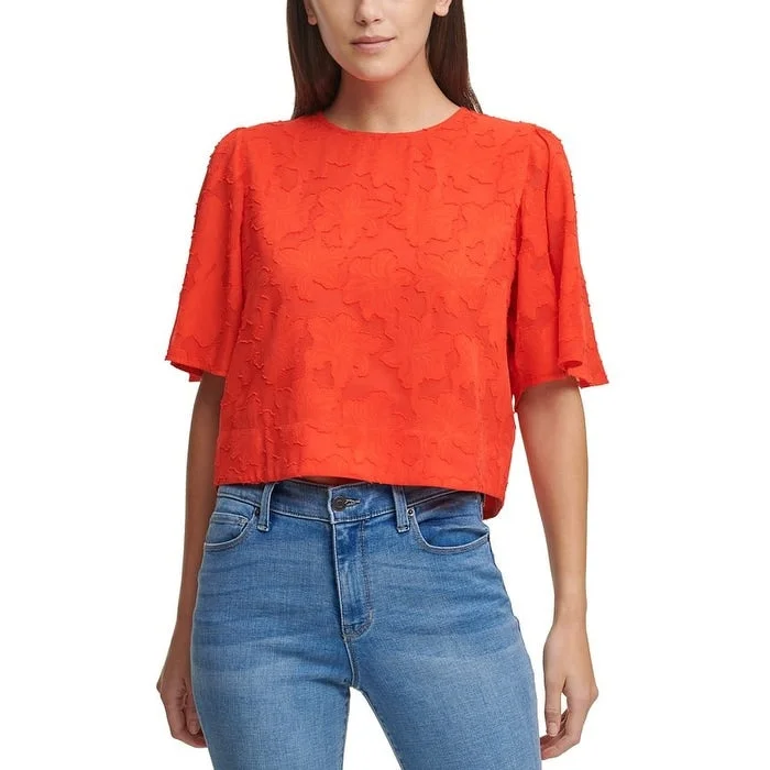 Dkny Women's Cropped Flutter Sleeve Jacquard Top Red Size Small