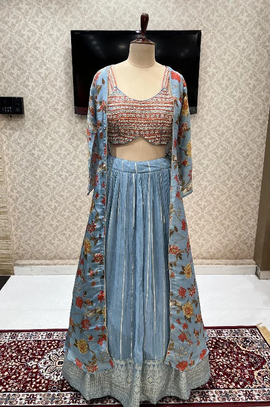 Electric Blue Banaras work with Floral Print Long Overcoat Styled Crop Top Lehenga