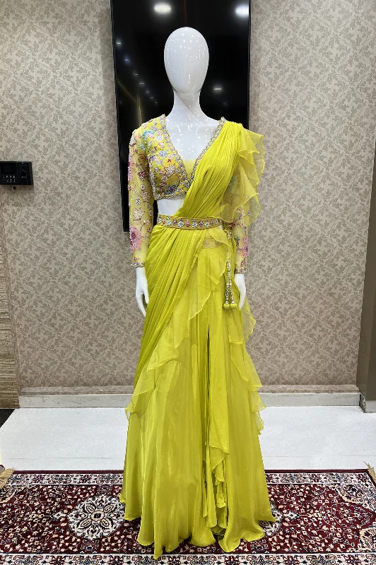 Fluorescent Yellow Multicolor Thread and Sequins work Drape Style Crop Top Lehenga