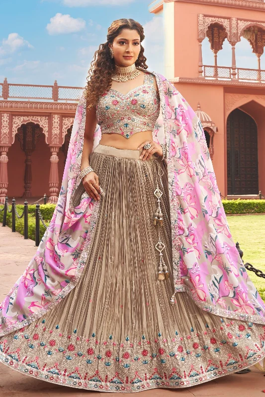 Gold Sequins, Zari and Multicolor Thread work Crop Top Lehenga with Floral Print Dupatta