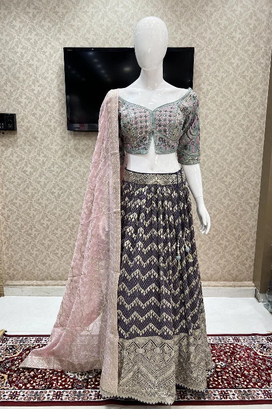 Green with Light Purple Embroidery, Mirror, Sequins, Zari and Thread work Crop Top Lehenga