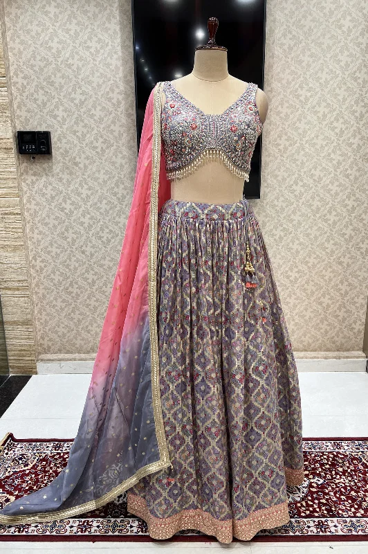 Grey Mirror, Embroidery, Zari, Beads and Banaras work Crop Top Lehenga