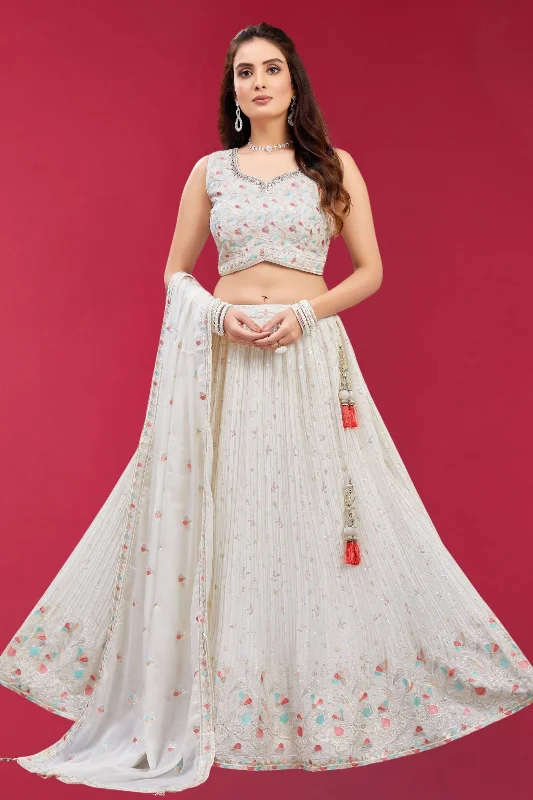 Half White Multicolor Thread, Sequins, Stone, Mirror and Beads work Crop Top Lehenga