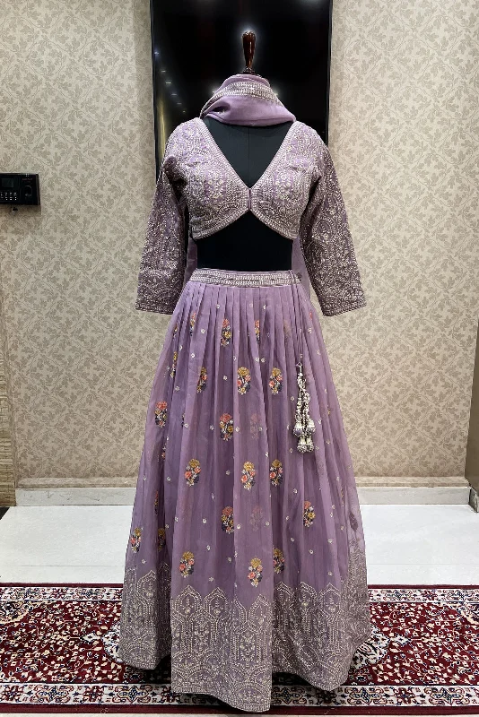 Lavender Embroidery, Zari and Sequins work Crop Top Lehenga