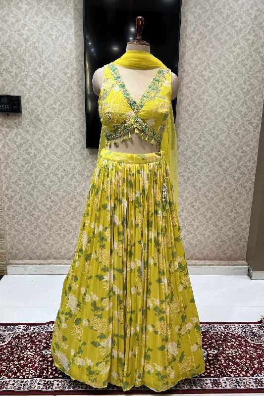 Lemon Yellow Zardozi, Beads, Mirror and Stone work with Digital Print Crop Top Lehenga