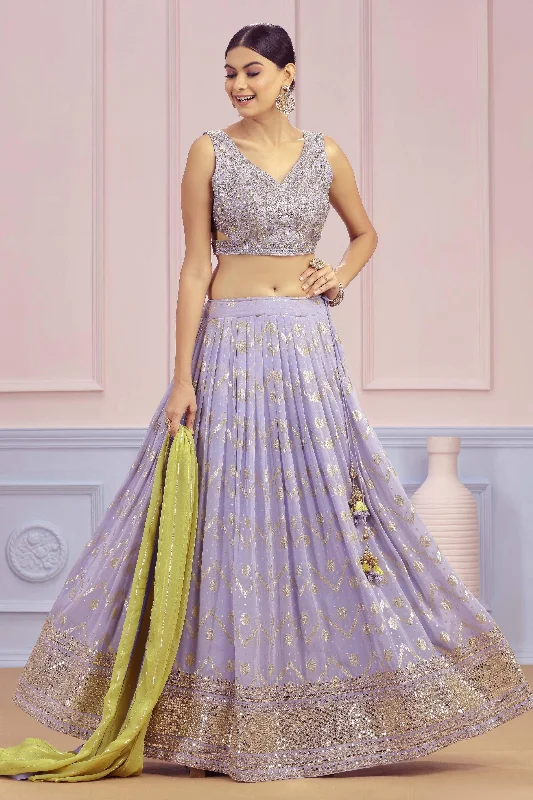 Lilac Mirror, Thread, Banaras and Stone work Crop Top Lehenga