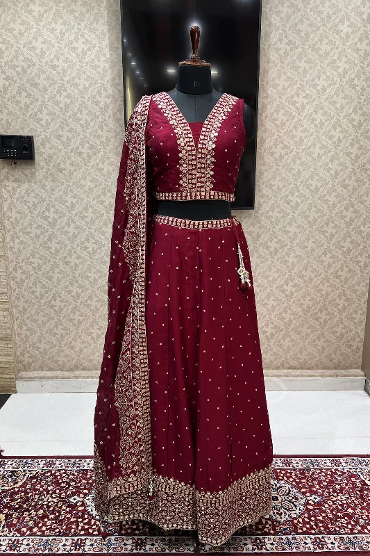 Maroon Zari and Sequins work Crop Top Lehenga