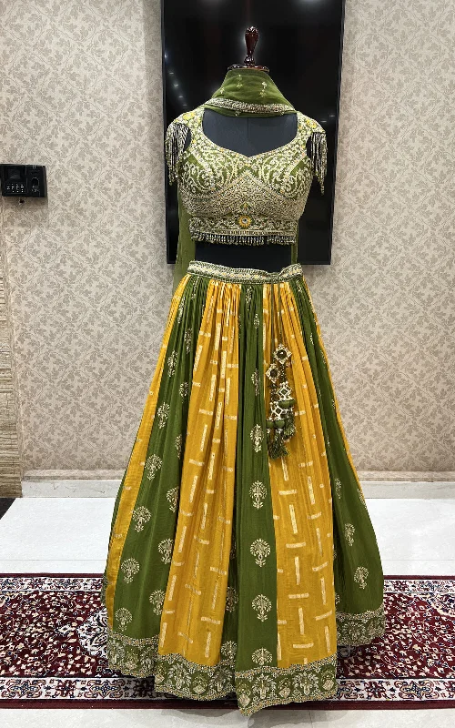 Mehendi Green with Mustard Zari Embroidery and Banaras work Crop Top Lehenga