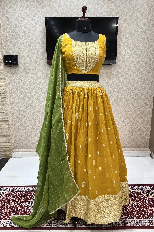 Mustard Banaras, Sequins and Thread work Crop Top Lehenga