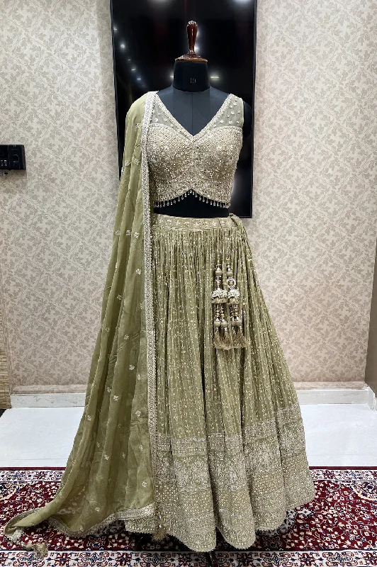 Olive Green Mirror, Zari, Sequins and Stone work Crop Top Lehenga