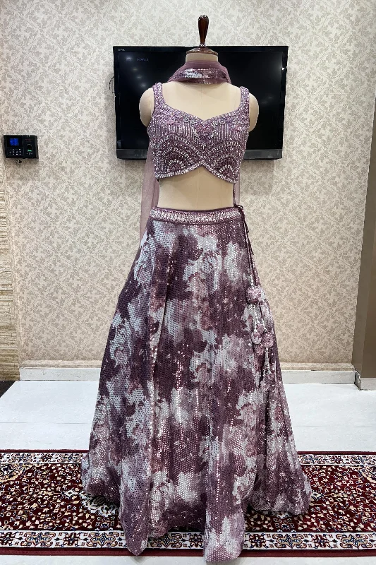 Onion Pink Tie and Dye Print, Stone, Beads and Pearls work Crop Top Lehenga