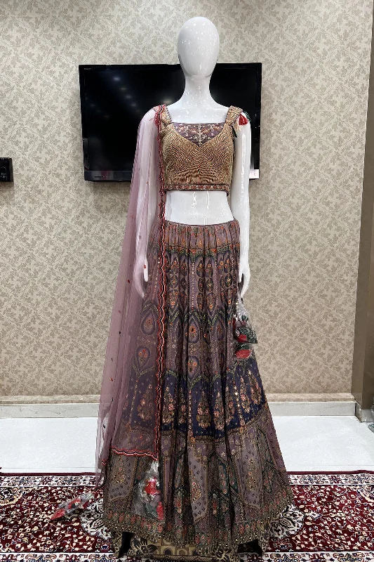 Onion Pink with Dark Grey Banaras, Beads, Zardozi and Mirror work Crop Top Lehenga