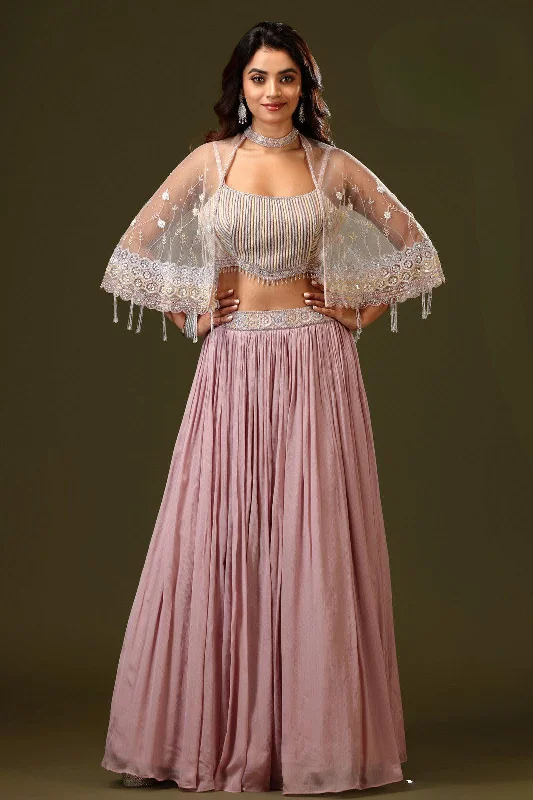 Onion Pink with Poncho Sequins and Beads work Indo-Western Styled Crop Top Lehenga