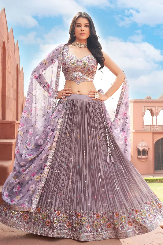 Onion Sequins, Zari and Multicolor Thread work Crop Top Lehenga with Floral Print Dupatta