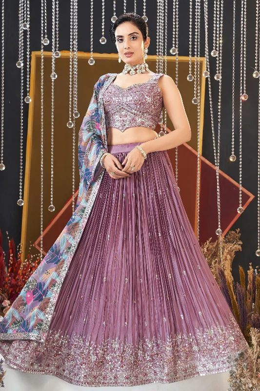 Onion Zari and Sequins work Crop Top Lehenga with Multicolor Digital Print Dupatta