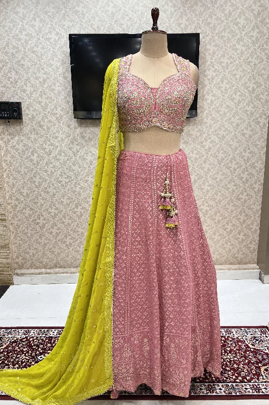 Onion Zari, Thread, Sequins, Mirror, Beads and Thread work Crop Top Lehenga