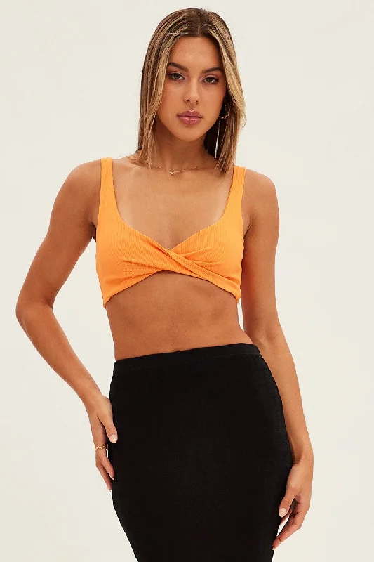 Orange Crop Top Sleeveless Sweetheart Twist Front Rib