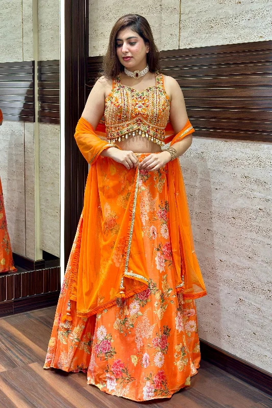 Orange Mirror, Sequins, Stone and Multicolor Thread work with Floral Print Crop Top Lehenga