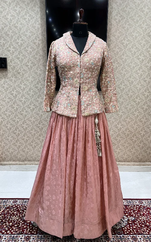 Peach Embroidery, Sequins and Zari work with Jacquard Print Peplum Style Lehenga