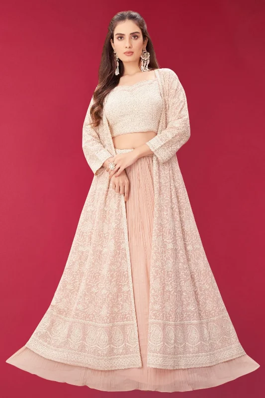 Peach Sequins and Embroidery work Long Overcoat Styled Crop Top Lehenga