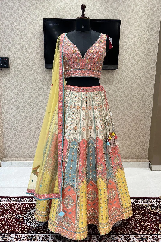 Peach with Cream Multicolor Thread, Mirror and Sequins work Crop Top Designer Bridal Lehenga