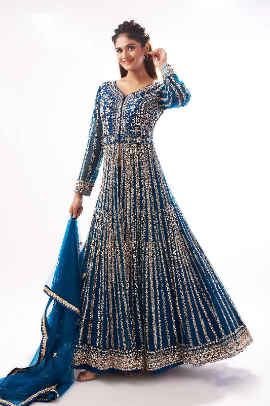 Peacock Blue Stone, Mirror and Thread work Long Top Lehenga