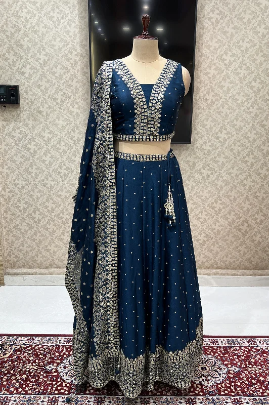 Peacock Blue Zari and Sequins work Crop Top Lehenga