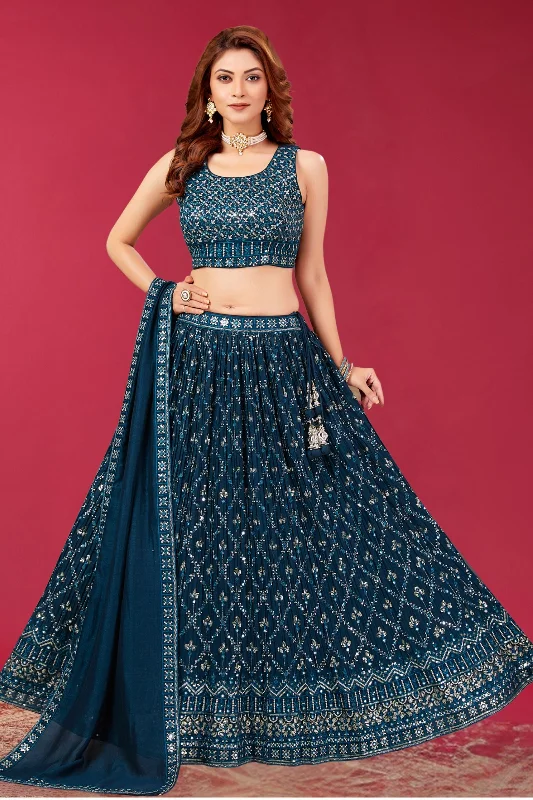 Peacock Blue Zari, Sequins and Thread work Crop Top Lehenga