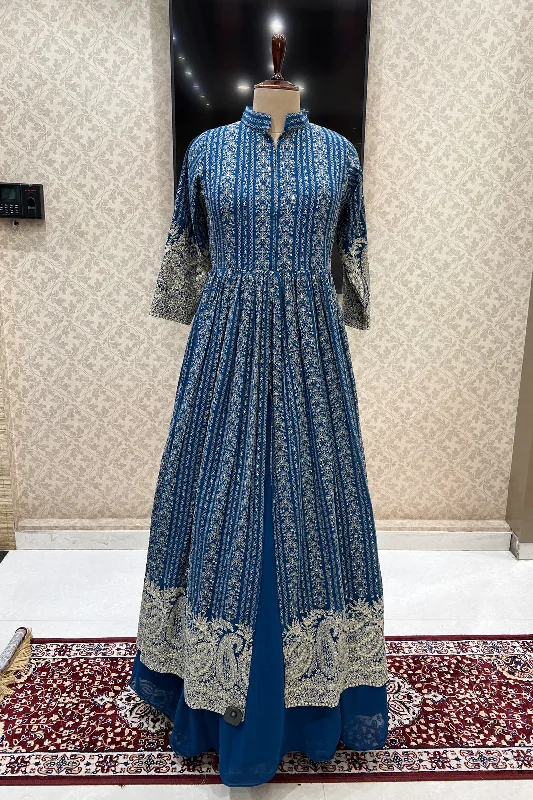 Peacock Blue Zari Thread and Sequins work Mastani Styled Long Top Lehenga