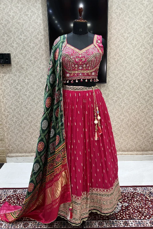 Pink Sequins, Mirror and Beads work Crop Top Lehenga with Kalamkari Print Dupatta