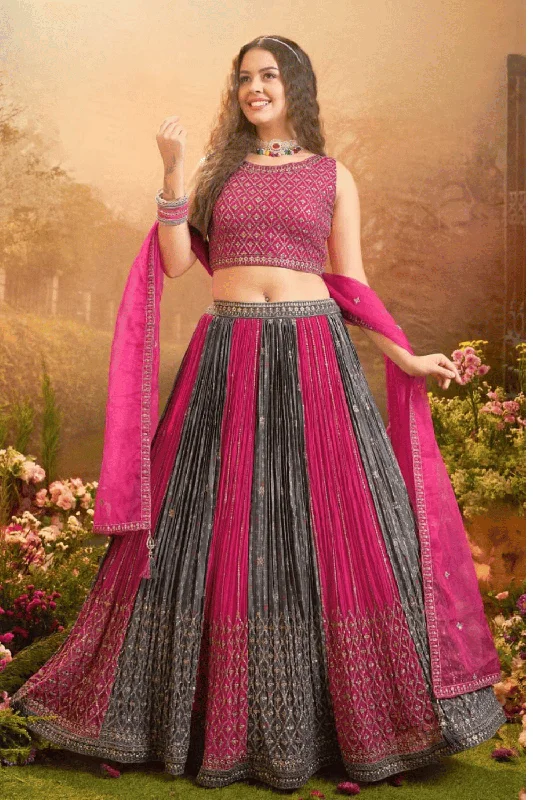 Pink with Grey Zari, Sequins and Stone work Crop Top Lehenga