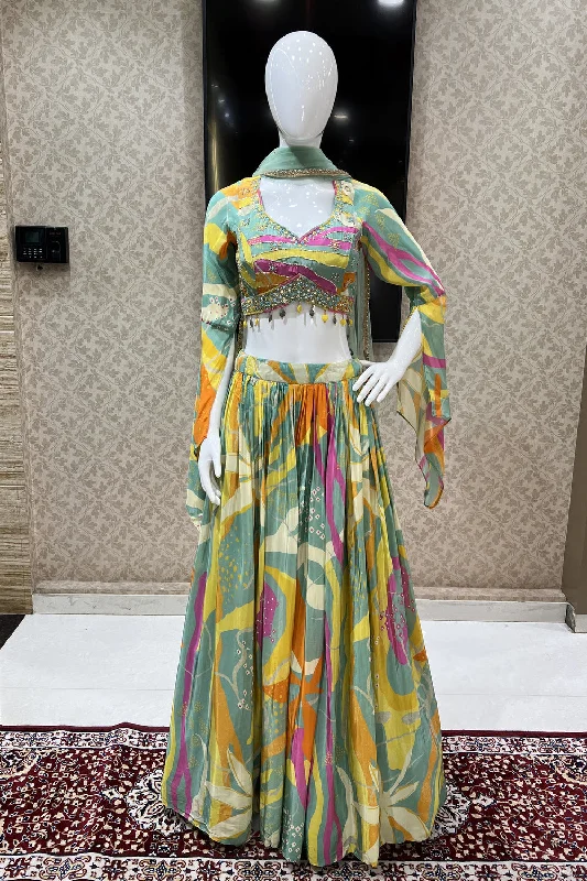 Pista Green Multicolor Digital Print, Mirror, Beads, Stone and Zardozi work Crop Top Lehenga